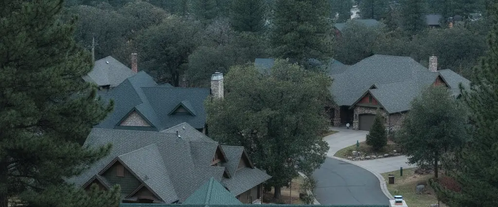 Well-maintained residential rooftops in Bella Vista, Shasta County, California, with tall conifers and coastal fog