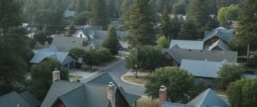 Well-maintained residential rooftops in Redding, Shasta County, California, with tall conifers and coastal fog