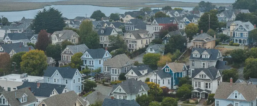 Well-maintained residential rooftops in Benicia, Solano County, California, with rolling hills and coastal haze