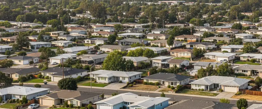 Well-maintained residential rooftops in Vacaville, Solano County, California, with rolling hills and coastal haze
