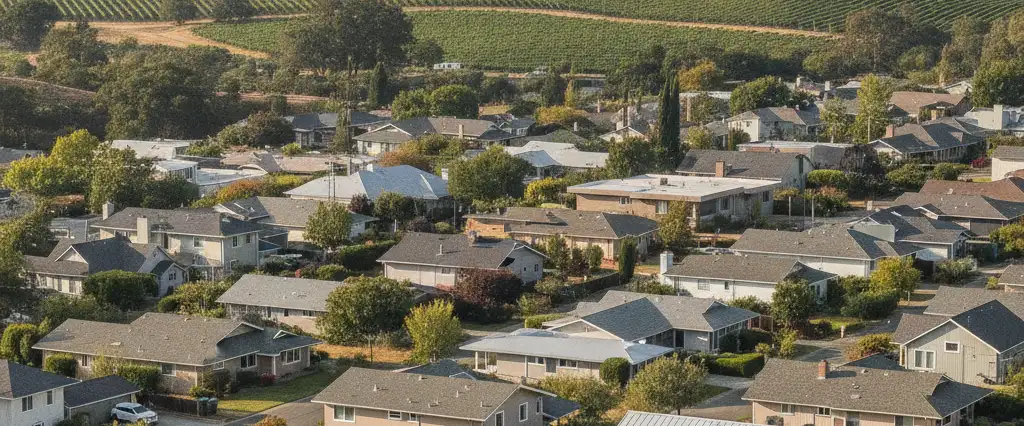 Well-maintained residential rooftops in Healdsburg, Sonoma County, California, with rolling hills and coastal haze