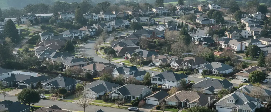 Well-maintained residential rooftops in Santa Rosa, Sonoma County, California, with rolling hills and coastal haze