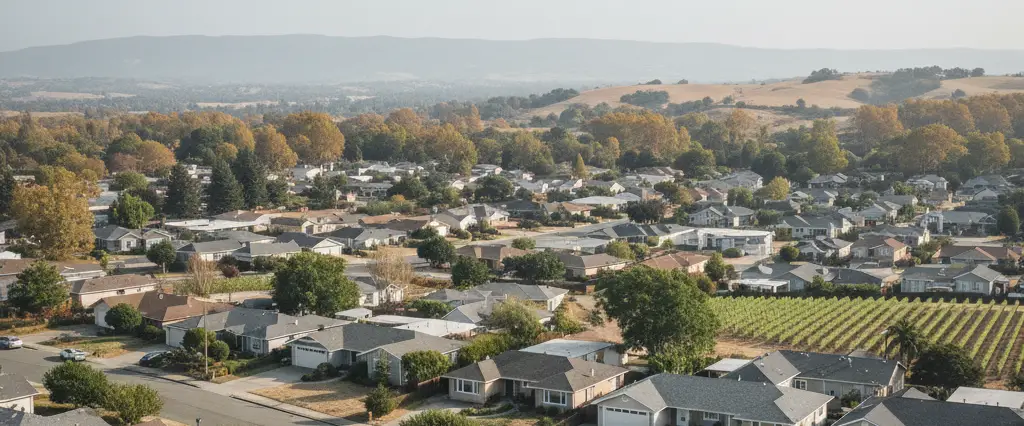 Well-maintained residential rooftops in Windsor, Sonoma County, California, with rolling hills and coastal haze