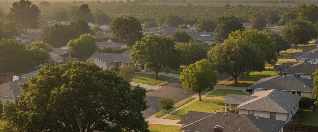 Well-maintained residential rooftops in Modesto, Stanislaus County, California, with the open valley and distant foothills