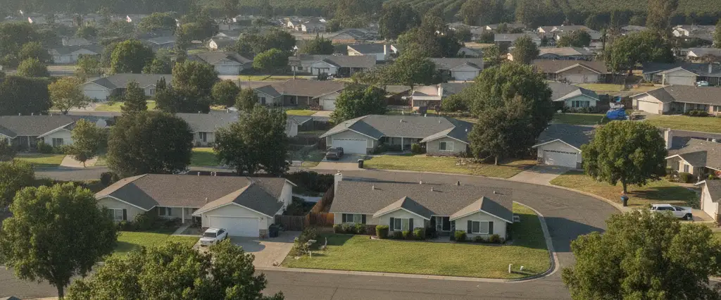 Well-maintained residential rooftops in Turlock, Stanislaus County, California, with the open valley and distant foothills