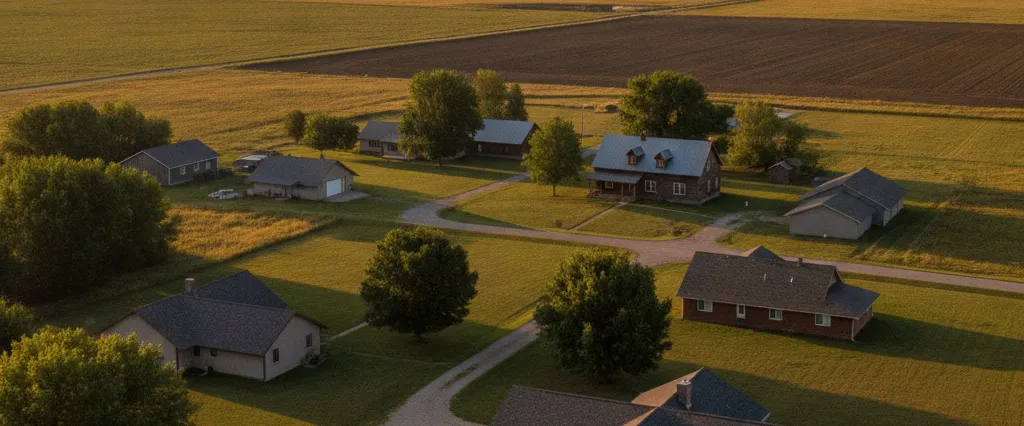 Well-maintained residential rooftops in Meridian, Sutter County, California, with the open valley and distant foothills