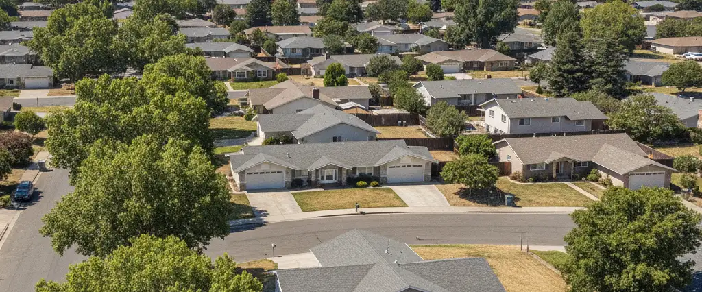 Well-maintained residential rooftops in Yuba City, Sutter County, California, with the open valley and distant foothills