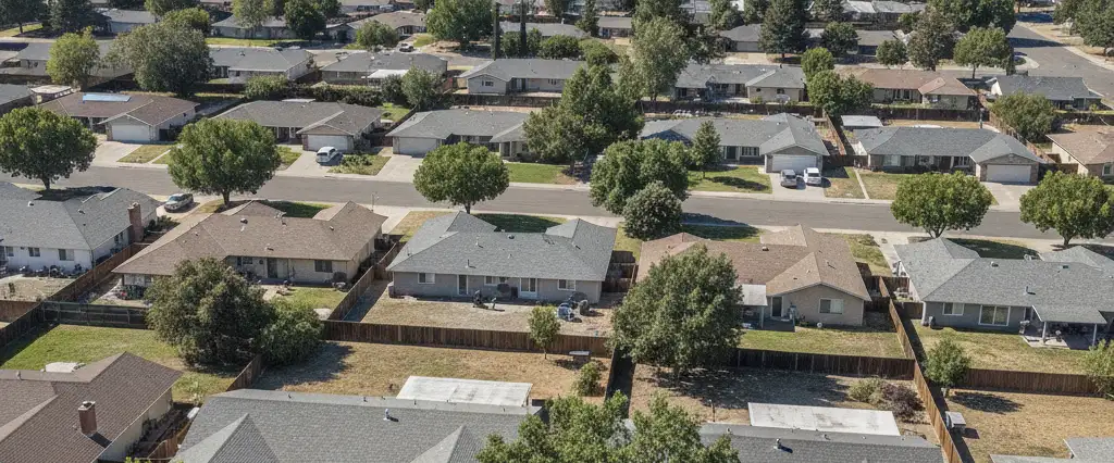 Well-maintained residential rooftops in Visalia, Tulare County, California, with the open valley and distant foothills