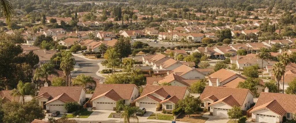 Well-maintained residential rooftops in Thousand Oaks, Ventura County, California, with hazy coastal hills beyond
