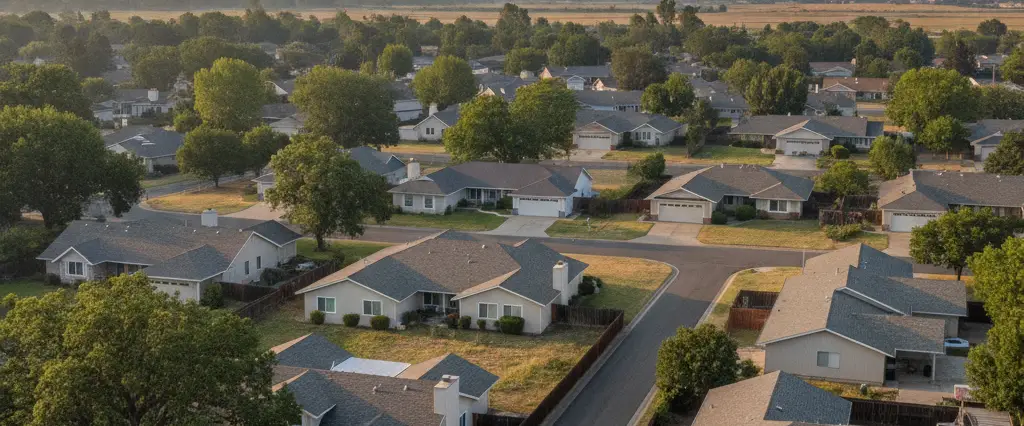 Well-maintained residential rooftops in West Sacramento, Yolo County, California, with the open valley and distant foothills