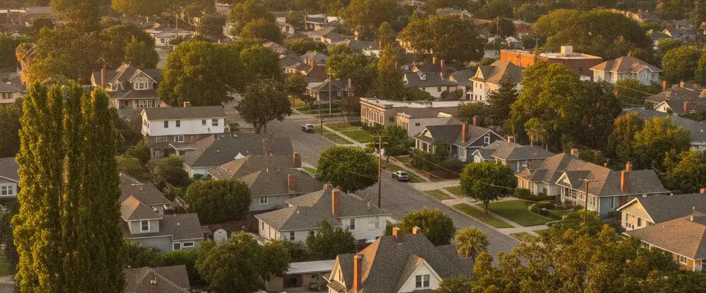 Well-maintained residential rooftops in Woodland, Yolo County, California, with the open valley and distant foothills