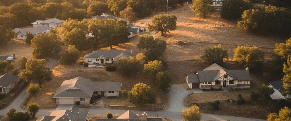 Well-maintained residential rooftops in Brownsville, Yuba County, California, with the open valley and distant foothills