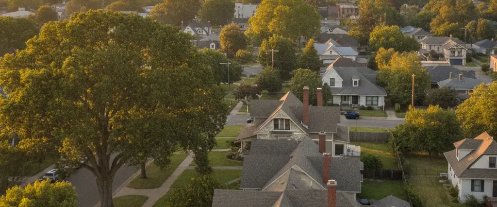 Well-maintained residential rooftops in Marysville, Yuba County, California, with the open valley and distant foothills