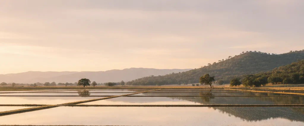 Butte County flooded rice fields mirroring the sky with oak foothill ridges rising on the eastern edge