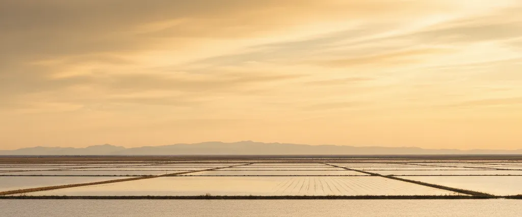 Colusa County vast flat rice fields and refuge wetlands with the Coast Range a low blue line to the west