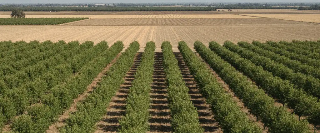 Glenn County flat almond orchards and open farmland with the faint Coast Range low on the western horizon