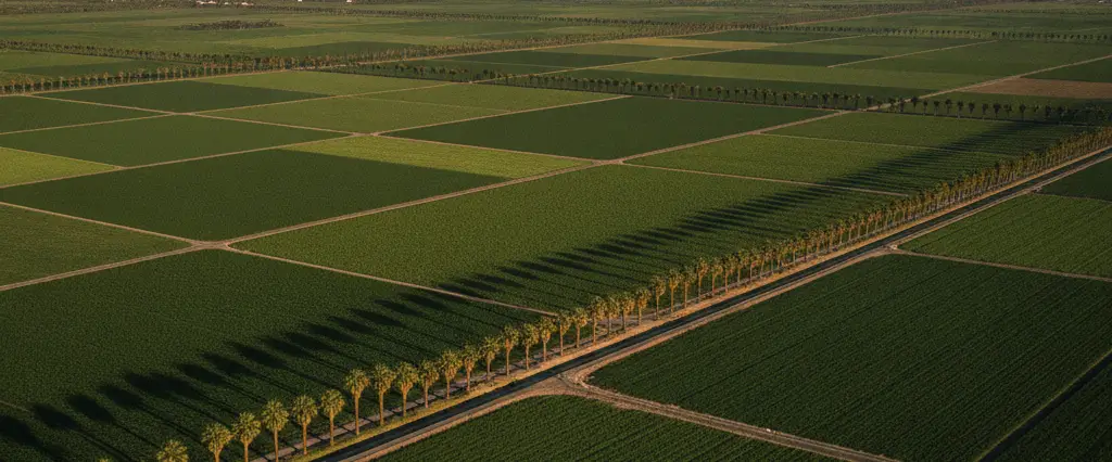Imperial County desert valley farmland with palm windbreaks and the Chocolate Mountains rising in the arid distance