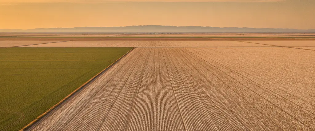 Kings County the flattest most open valley with cotton fields and dairy land and the low Kettleman Hills west