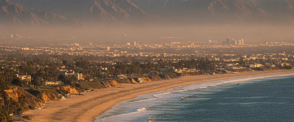 Los Angeles County coastal landscape with Pacific beach in the foreground and snow-capped San Gabriel Mountains rising in the distance at golden hour