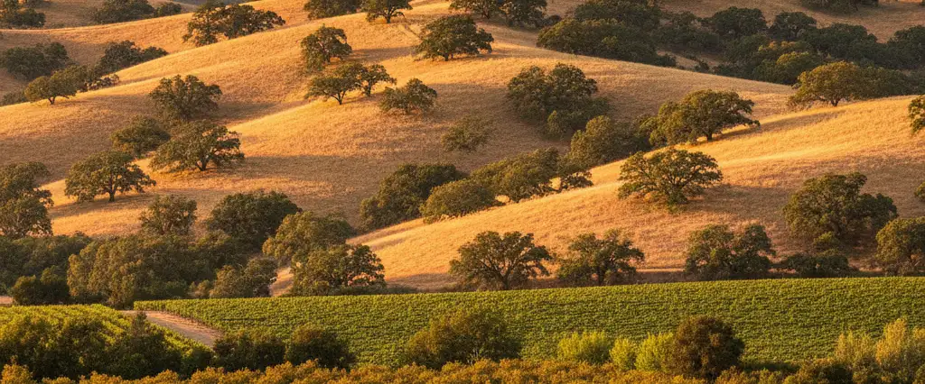 Madera County vineyards and orchards on the valley floor climbing into oak-covered Sierra foothills