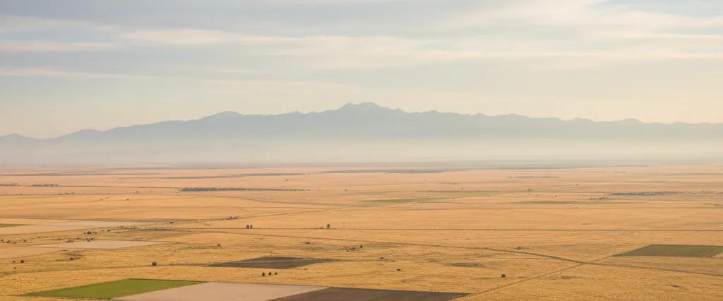 Merced County wide-open flat farmland and grassland with the faint high Sierra far to the east toward Yosemite