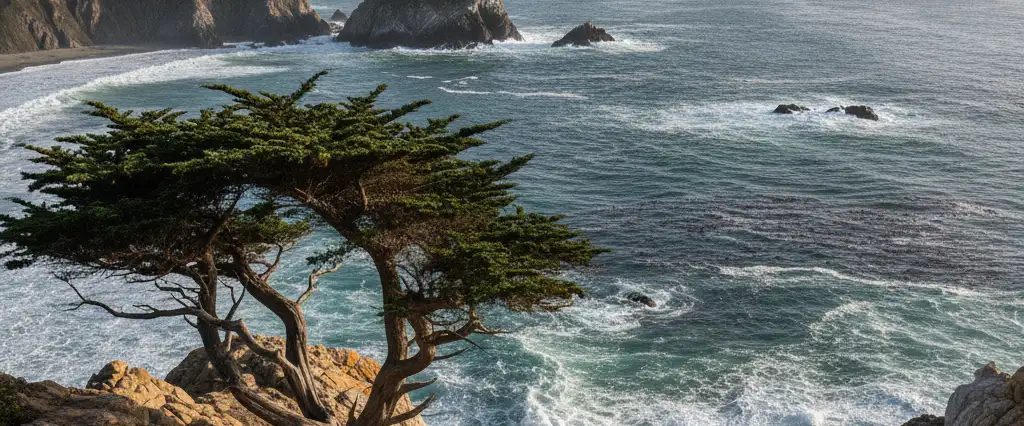 Monterey County rugged Central Coast cliffs with weathered cypress overlooking Pacific surf breaking on rocky headlands