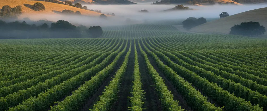 Napa County vineyard rows in the soft morning light as fog lifts off the valley floor with oak-dotted hills behind
