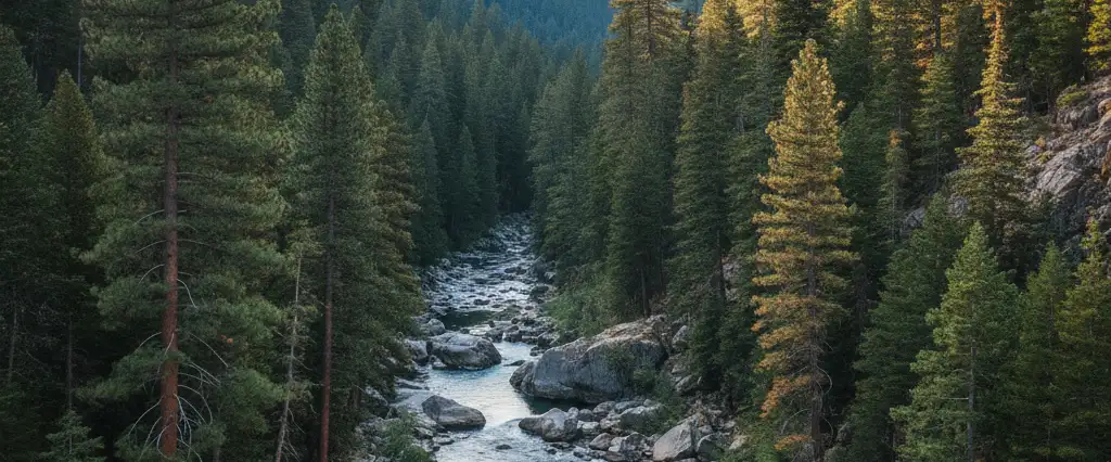 Nevada County dense ponderosa and cedar forest with the South Yuba River canyon and gold-country ridges