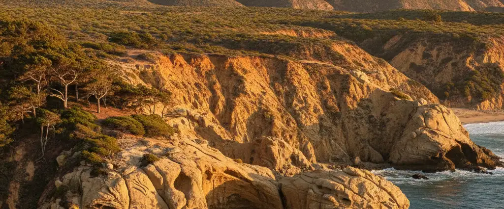 San Diego County sandstone coastal bluffs and pine-topped headlands over the Pacific with chaparral mesas
