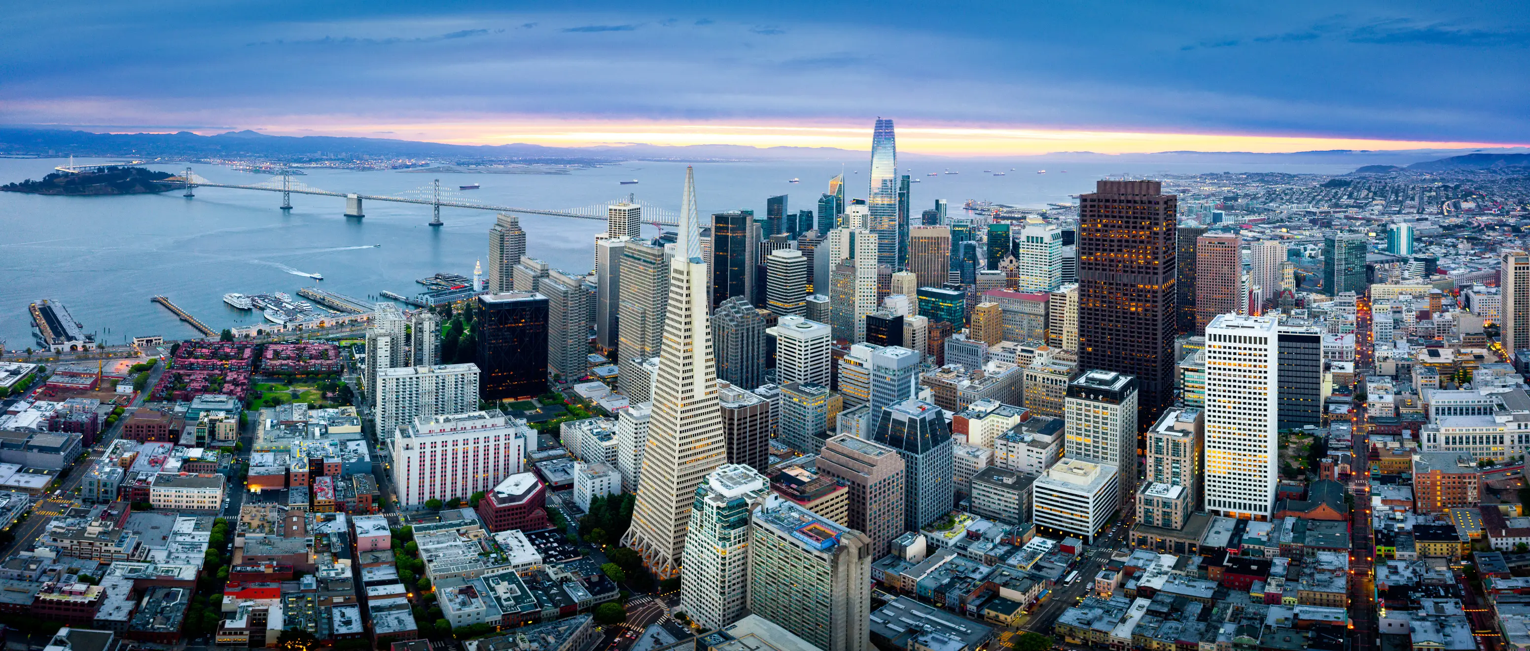 San Francisco hillside neighborhood of attached homes with flat and pitched rooftops