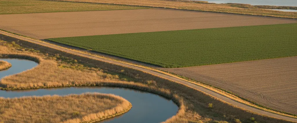 San Joaquin County delta waterways with tule sloughs, levee roads, and row crops on flat delta islands