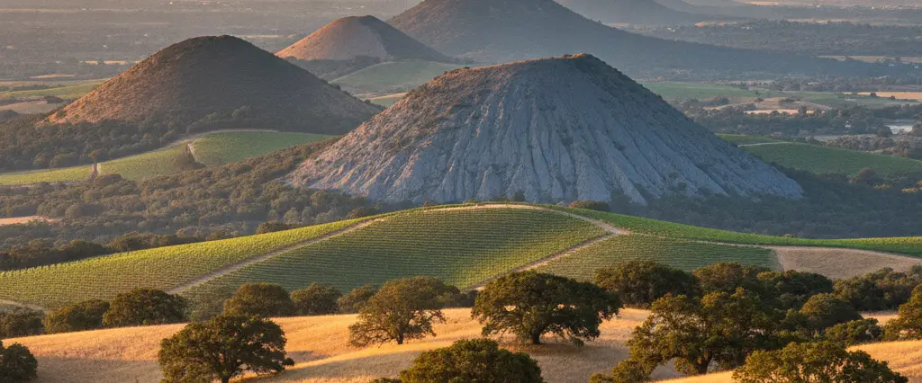 San Luis Obispo County chain of volcanic morro peaks over oak-studded golden hills with coastal terraces beyond