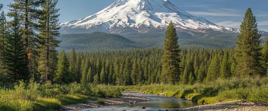 Shasta County landscape with snow-capped Mount Shasta dominating the horizon above pine-fringed upper Sacramento River