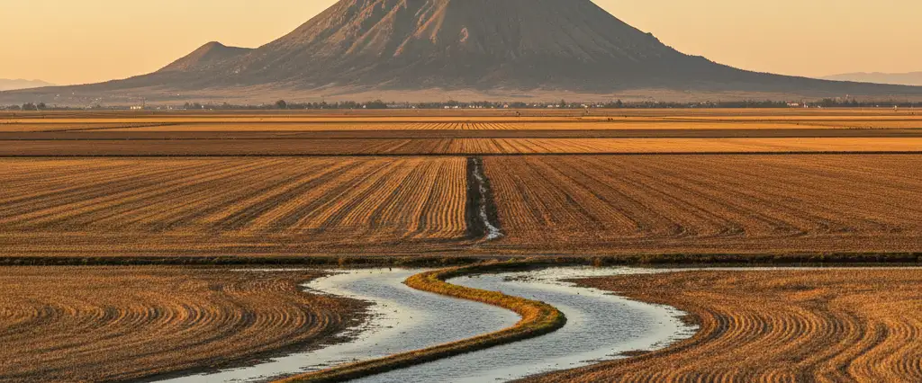 Sutter County the isolated circular Sutter Buttes rising abruptly from flat valley rice fields and farmland