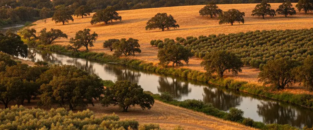 Tehama County olive and walnut orchards along the river with oak savanna and rugged foothills toward Lassen