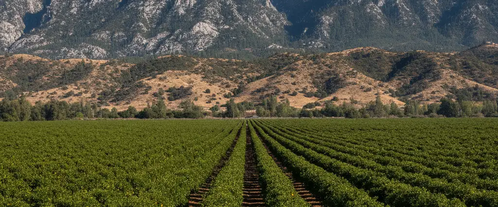 Tulare County citrus groves on the valley floor rising to high granite Sierra peaks of the Sequoia country