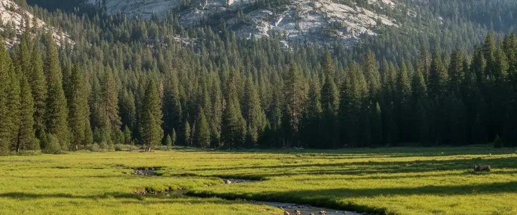 Tuolumne County Sierra granite domes and mixed-conifer pine forest with alpine meadows and a clear stream