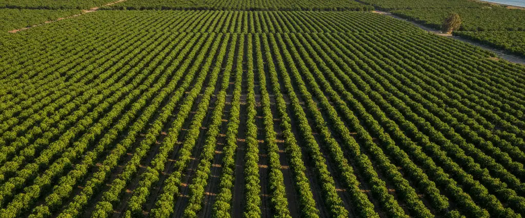 Ventura County coastal-plain citrus and avocado orchards with the rugged Topatopa Mountains and Pacific beyond