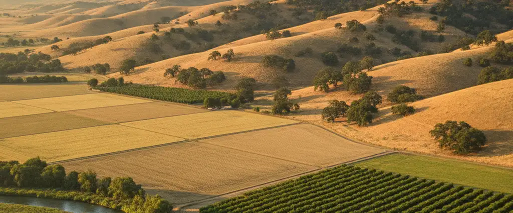 Yuba County river and rice valley floor giving way to gold-country oak foothills on the eastern edge
