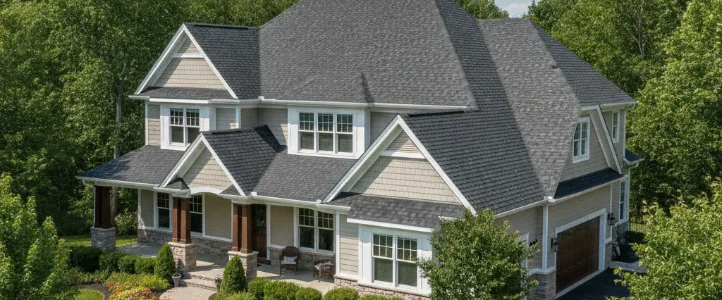Wide view of a single-family home with a steep-slope pitched asphalt shingle roof under a clear sky