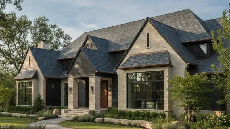 Custom high-end home with an architectural pitched roof and premium materials
