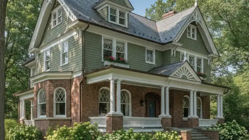 Historic older home with a steep pitched roof and period architectural details