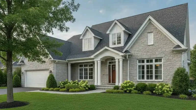 Single-family detached suburban home with a pitched shingle roof