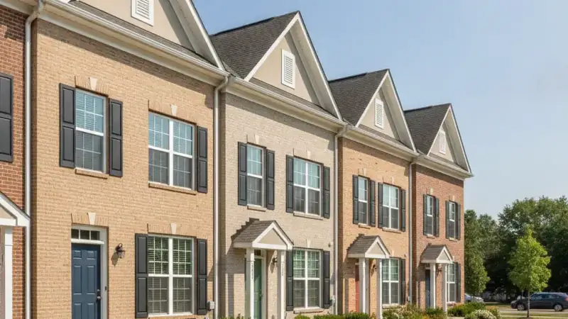 Row of attached townhomes and multifamily units with continuous pitched roofs