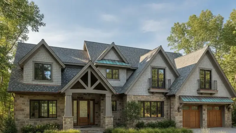 Two-story multi-level home with a complex pitched roofline and multiple gables