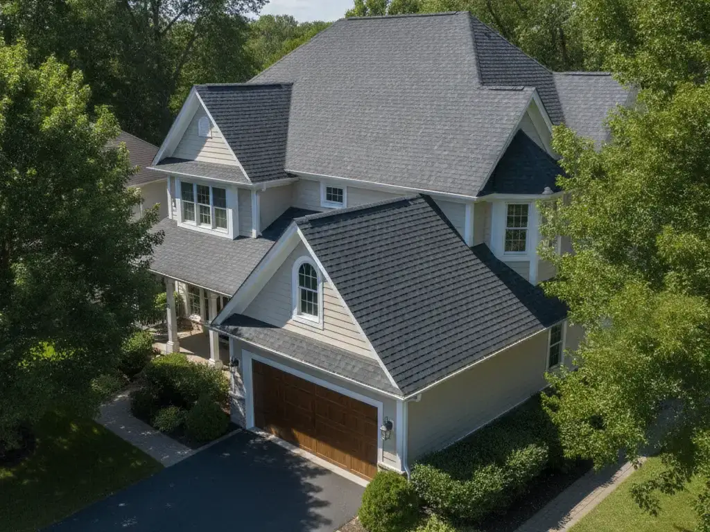 Residential roof section being repaired after storm damage with new shingles and sealed flashing
