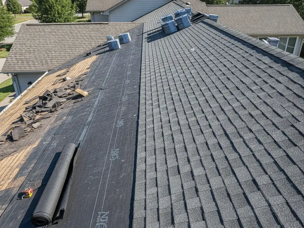 Residential home roof mid-replacement with fresh underlayment and new shingles being laid