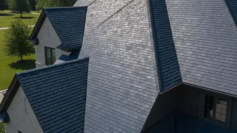 Synthetic composite roof on a home mimicking slate or shake
