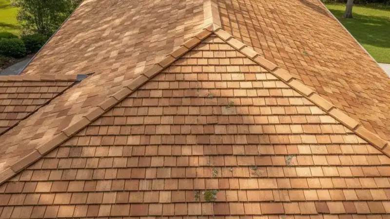 Cedar wood shake and shingle roof on a home with natural wood tones