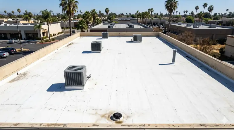 Flat or low-slope commercial roof with white TPO membrane and rooftop HVAC units in the background
